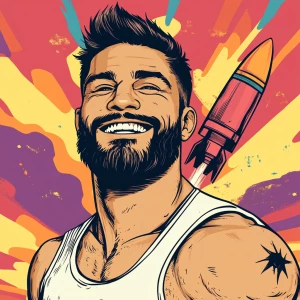 White muscular thin man with beard, big chin, smile and cheekbon...
