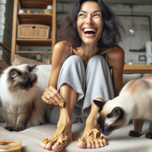 Letting her cats lick peanut butter off her toes.