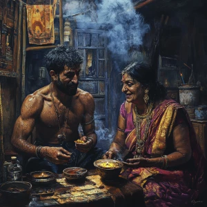 Realism ,sharp art.a muscular sweaty criminal celebrating diwali...