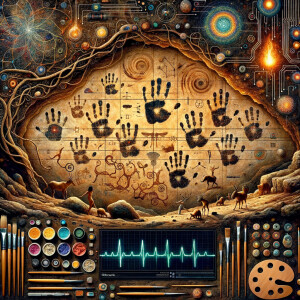 Cave Art with Handprints symbols for fire, water and air, macro, circuitry, cellular structures, DNA paint brushes and artc pallets small birds, flying cardiogram print out slide detector print electromagnetic fields linear grid golden ratio