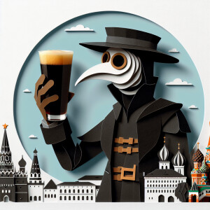 Plague doctor with a pint of Guinness, in Moscow