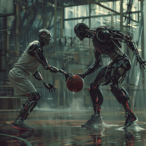 Cyborg's playing basketball