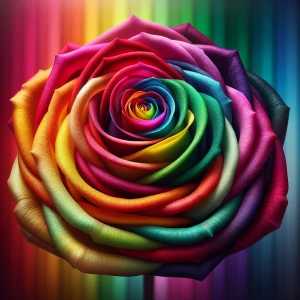 A macro shot of a meticulously crafted rainbow rose, the focal p...