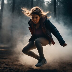 a hyper-realistic portrait of a jumping girl, lunging towards th...