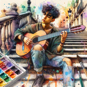 Create a Fantastic, colorful portrait sketch of a boy with messy...