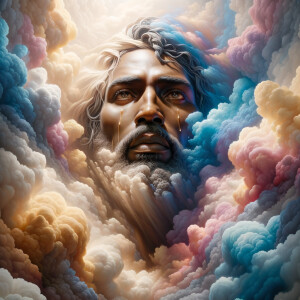 Create a 3-D realistic oil, painting light skin 
African-American Jesus Christ coming in the blue, gold, pink and white clouds with great power and glory up close, tears rolling down his face,