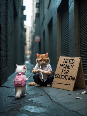 A tiny, fluffy white kitten wearing a pink dress and a pink back...