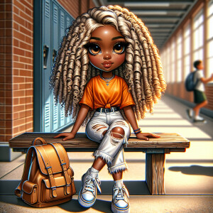 Chibi Full body, African American sitting on a rustic bench. She...