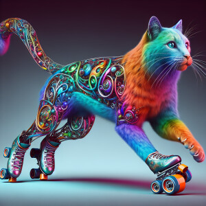 Illustrate a cat with a steampunk theme with rainbow colors grac...