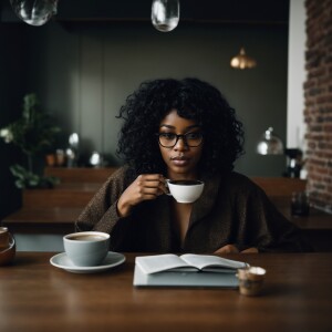 black women with lone black wavy hair wearing glasses, drinking...