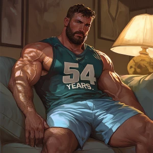 A muscular man is lounging on a couch, wearing a sleeveless jers...
