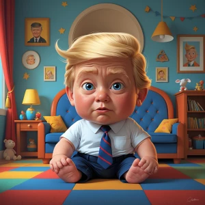 baby Trump in children room, use pixar and satirical art style