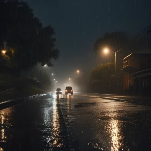 A stormy night blankets a narrow, glistening road. Heavy rain po...