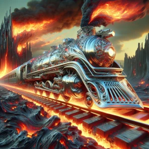 Design an image featuring "The Crazy Train," a highly reflective, metallic locomotive with an over-the-top, dynamic structure that appears to warp and pulse with velocity. It should blaze through a hellish, dystopian landscape, highlighted by bright flames enveloping its body. The setting is marked by active volcanoes and sharp, craggy terrain, enhancing the scene's chaotic nature. Accentuate the train's high speed with pronounced speed lines and motion blur effects to convey the intense, demonic spirit of its passage.