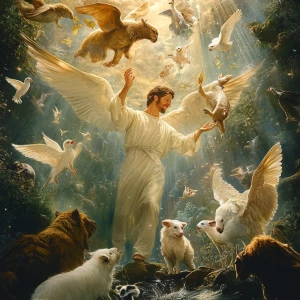 Create heaven with animals and angels greet humans