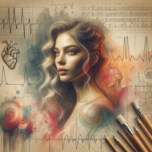 Abstract, minimalist, painting, with pencil line, paint stroke, gestures, colorful marks, mathematical equations, electrical cardiogram, printouts complex math formulas, dna asian teen girl