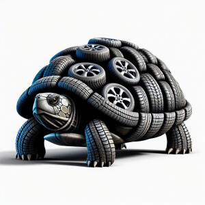 A turtle with a shell that has spinning tires on it