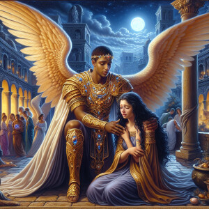 Create an oil painting image featuring a male angel and a grievi...