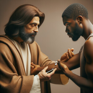 Can you help me create a African-American Jesus with medium with...