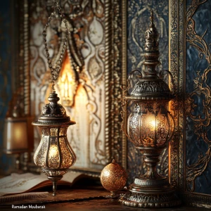 Ein Bild mit dem Text " Ramadan Moubarak" in einem orientalische...