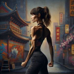 Athletic Thin skinny Attractive, Asian teenage girl, long brown hair and bangs, wearing tight skinny jeans and a halter top paint marks on her clothing, heroic pose Asian graffiti background, backside view