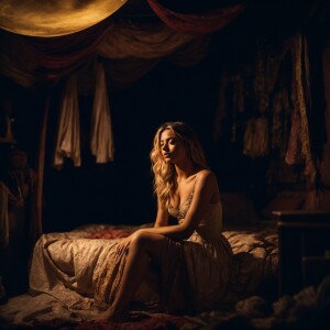 A cheating Wench clothes torn, squatting beside a bed at a pirat...