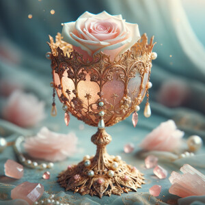 A fantastical and ornate golden goblet cradles a single, delicate pale pink rose. The goblet is adorned with intricate gold filigree work and studded with pearls, evoking a sense of royal luxury. The vessel's edges have a translucent pink enamel inlay that creates the illusion of a blooming flower holding the rose within its petals. Pink quartz stones add a touch of mystical allure to the stem and base, which are designed with a lace-like gold pattern, giving the impression of a treasured artifact from a fairy tale. The goblet is positioned against a soft-focus background with a gentle blue hue, highlighting its enchanting elegance.