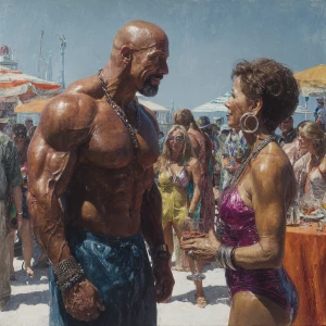 Create a hyperrealism painting of a muscular, sweaty American ma...