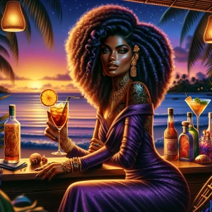 A detailed digital airbrushed painting of a glamorous, confident Afro Latina woman with deep purple, voluminous long curly hair sits at a tropical beachside bar at sunset. She wears a shimmering, form-fitting purple dress with gold accents, intricate jewelry, & has elaborate tattoos on her arms. Holding an elegant cocktail garnished with an orange slice, she gazes with allure & mystery. Scene is illuminated by warm, ambient lighting, with a bottle of exotic liquor & colorful drinks surrounding her. Background is palm trees, ocean waves, & a relaxed, upscale nightlife atmosphere.