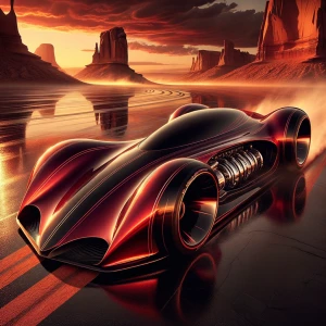 A streamlined, low-slung Futurist jet-engine car, roaring across...