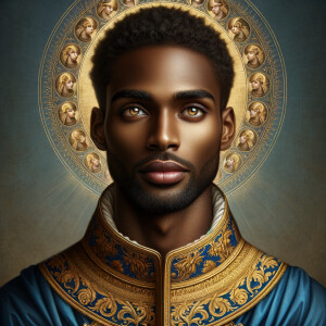 Create handsome African-American, Jesus, with Hazel Brown eyes wearing a blue and gold robe