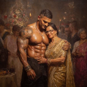 Realism,photo painting.a muscular beefy sweaty tattoed indian ma...