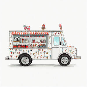 Create an image of an adorable ice cream truck with whimsical, p...