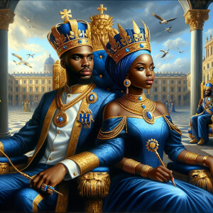 Create a 3-D realistic oil, painting of a African-American Royal...
