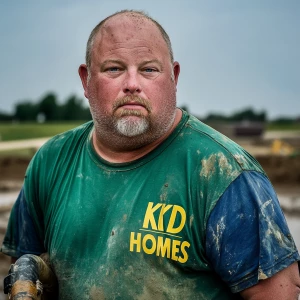 Brian Nobles a real 57 year old obese fat older Caucasian male who is using  a concrete mixer, he is a  pump operator holding the hose which carries the liquid concrete to the foundation pour, Brian is slowly  beginning his transition into his old age, Brian Nobles is beginning to look like a older fat obese man, he has large reflective blue eyes and a wrinkled brow,Brian has a grey beard and is now bald , prominent large protruding round fat obese belly,,thick white goatee beard,decreased muscle mass ,very noticeable male pattern balding hairline, Brian Nobles now has a  prominent receding and thinning male hairline (onset male pattern baldness), slightly fat overweight(Caucasian)wearing tight body conforming  glossy satin shiny green and gold tight fitting body conforming UnderArmour athletic bodysuit,emblazoned with the "KD HOMES" real estate logo, standing confidently in front of a newly completed constructed new KD HOME in Victorville California in a raw desert landscape. Brian has a protruding fat obese muscular physique, large male bulge, fat obese muscular frame , shows a substantial frame with a noticeable mature hairline and expressive eyes. His workman’s  pose should reflect his experience in his trade.