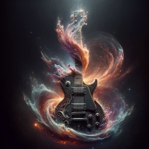 Dramatic splash art. A gothic guitar transforms into a swirling...