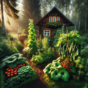 Dacha in Russia. Tomato, cucumber and other vegetables on garden