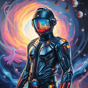 A strikingly futuristic time traveler, his metallic suit gleamin...