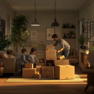 Create a realistic 4d image of a family unpacking from moving in...