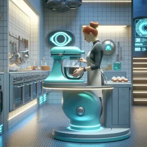 Create a photorealistic sci-fi image of a futuristic kitchen whe...