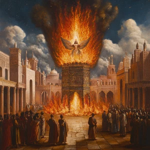 Depict an ancient regal courtyard with a towering, fierce furnace at its center. The furnace engulfs Shadrach, Meshach, and Abednego, who remain unscathed amidst the voracious flames, exuding tranquility. They are dressed in traditional ancient robes, seemingly impervious to the fire's wrath. With them, a fourth figure—an angelic presence—radiates a protective aura, his ethereal form aglow, symbolizing divine shelter.

Surrounding the furnace, astounded guards and nobles observe from afar, their faces etched in shock and wonder. The scene juxtaposes the tumultuous flames with the composed figures within, emphasizing the miracle of their survival and the power of faith and divine guardianship.