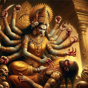 portrait of angry looking, four-armed indian goddess  sitting on a gold crown and carrying a weak mahishasur on her lap and poking his abdomen with her amazingly long red fingernails . She is wearing gold armor, a huge gold crown, gold saree, abundant  gold jewelry, covered in blood. The scene is set in ancient India. The image is 8K resolution, cinematic, photography, ultra detailed face and epic.