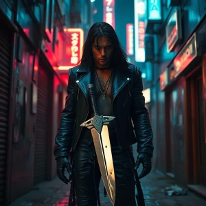 In the eerie neon-lit alley of a cyberpunk cityscape, a lone fig...