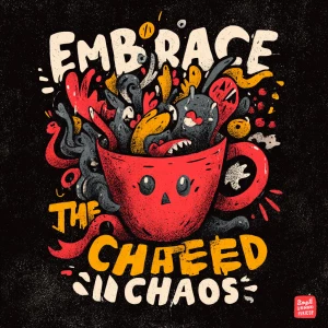 sticker design, hand-drawn coffee cup overflowing with swirling...