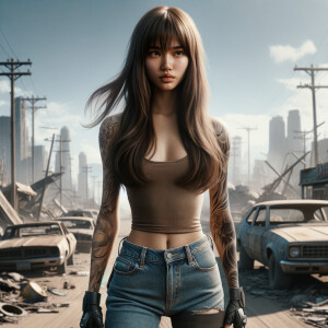 Thin Asian teen girl wearing tight jeans and a halter top Long brown hair and bangs, tattoos on her arms, athletic heroic pose