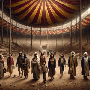 People enter a dusty empty circus