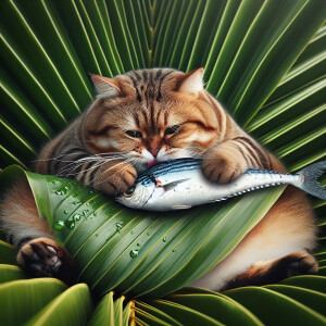 Fat cat eating fish sitting on palm