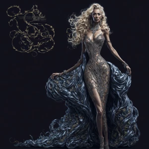 Design an elegant image featuring a woman with flowing, curly bl...