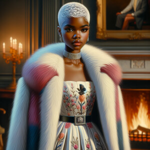 a full body veiw of a colorful gloss hyper realistic oil painting of a regal beautiful light skinned afro  American girlwith beautiful pixie cut one side of hair is black and the other side  of her hair white slick baby hair and furry white and pink and blue furry coat and outfit under the coat standing in living room with fireplace