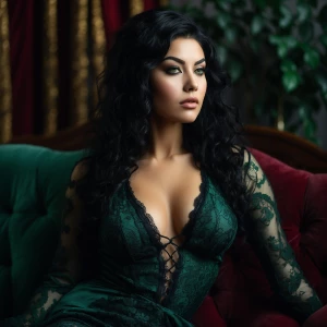 "a sensual, curvy femme with piercing green eyes and raven-black...